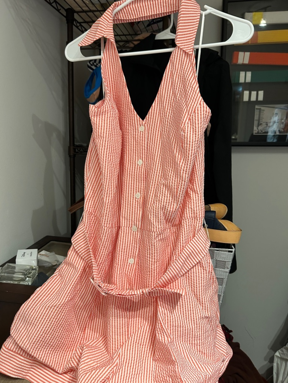 Maeve Red and White Seersucker Halter Button-Front romper size L